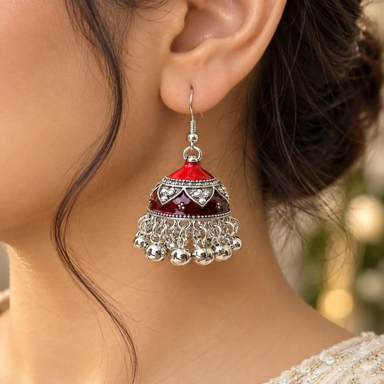 Stainless Steel Silver Ruby Red & Maroon Enamel Beaded Jhumka Earrings for Women