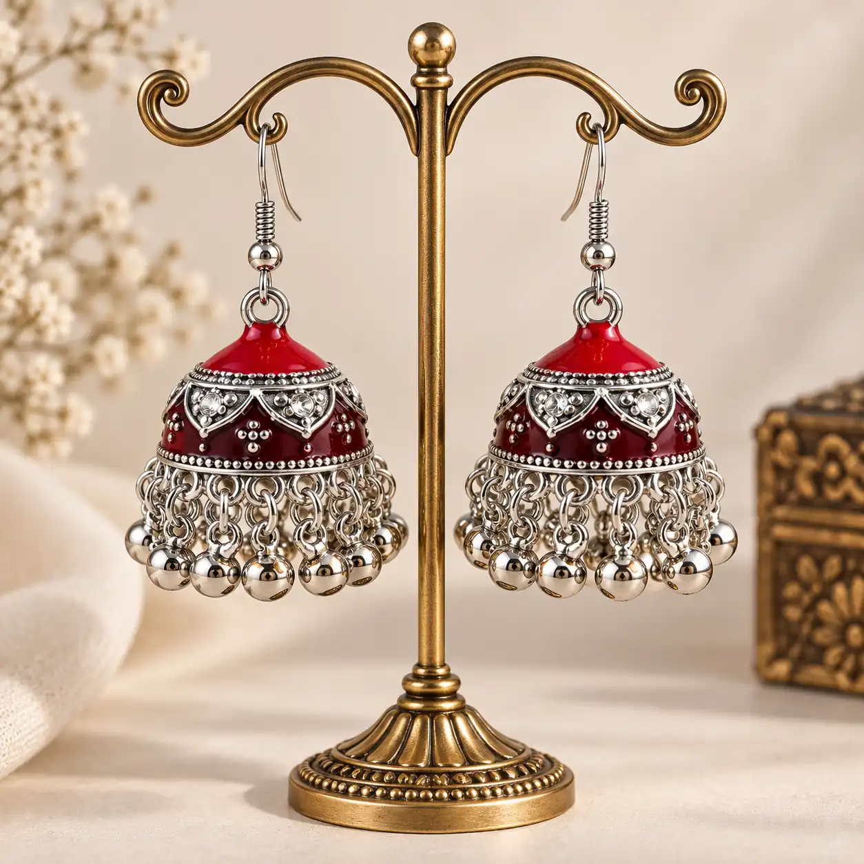 Stainless Steel Silver Ruby Red & Maroon Enamel Beaded Jhumka Earrings for Women — image 2