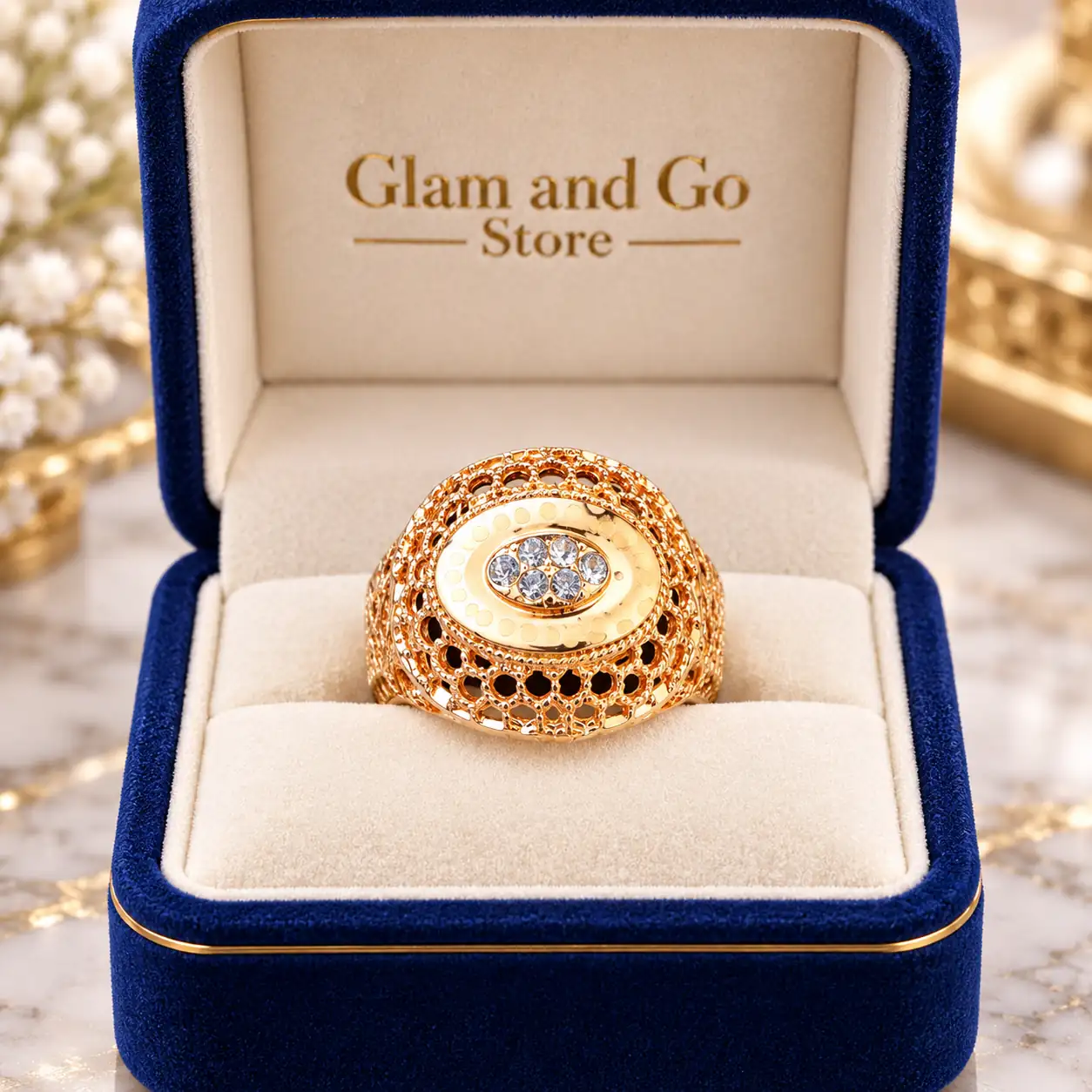 Stainless Steel Gold Oval Medallion Crystal Filigree Ring for Women