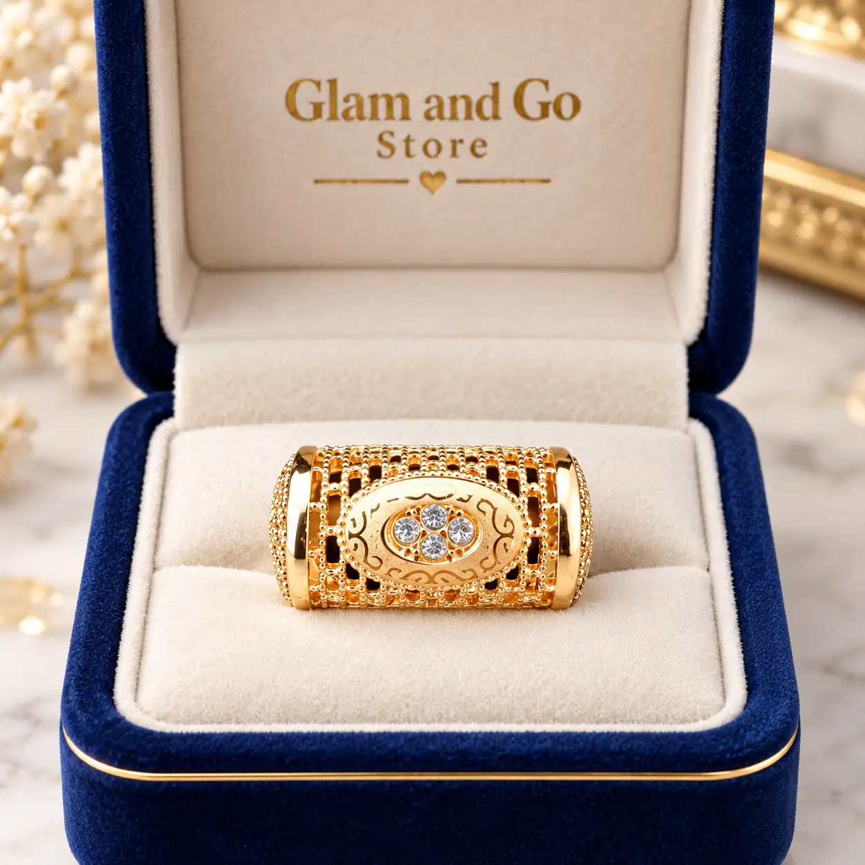Stainless Steel Gold Wide Rectangular Oval Crystal Filigree Ring for Women