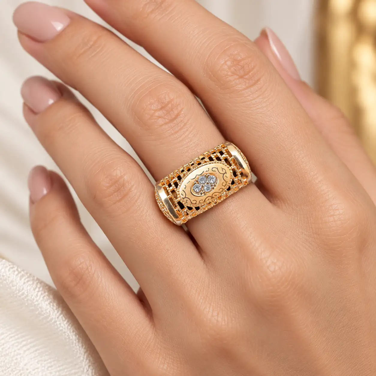 Stainless Steel Gold Wide Rectangular Oval Crystal Filigree Ring for Women — image 2