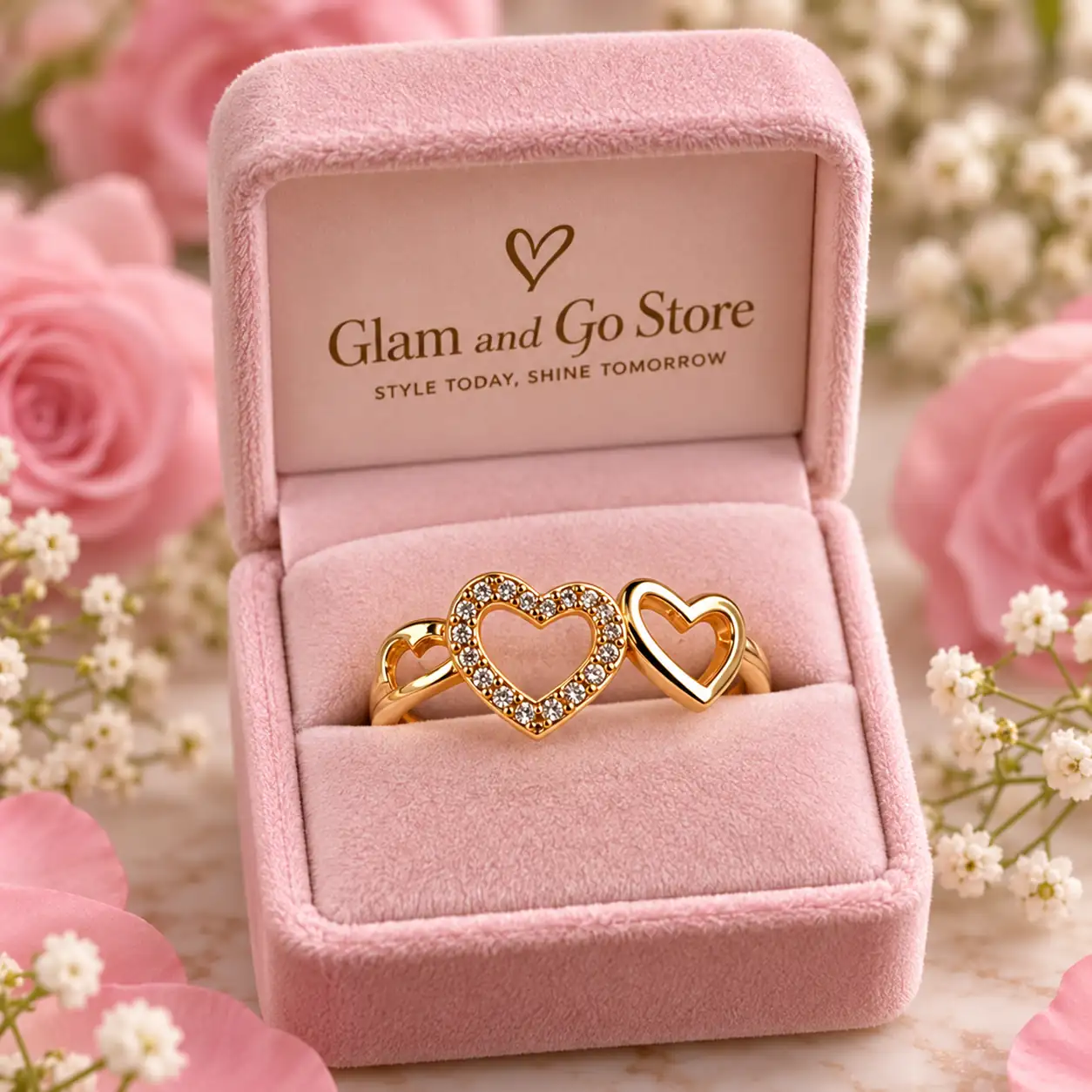 Stainless Steel Gold Double Heart Crystal Ring for Women