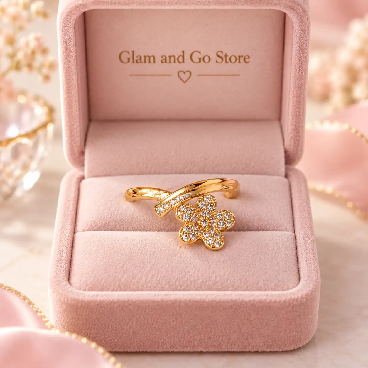 Stainless Steel Gold Crystal Flower Bypass Ring for Women