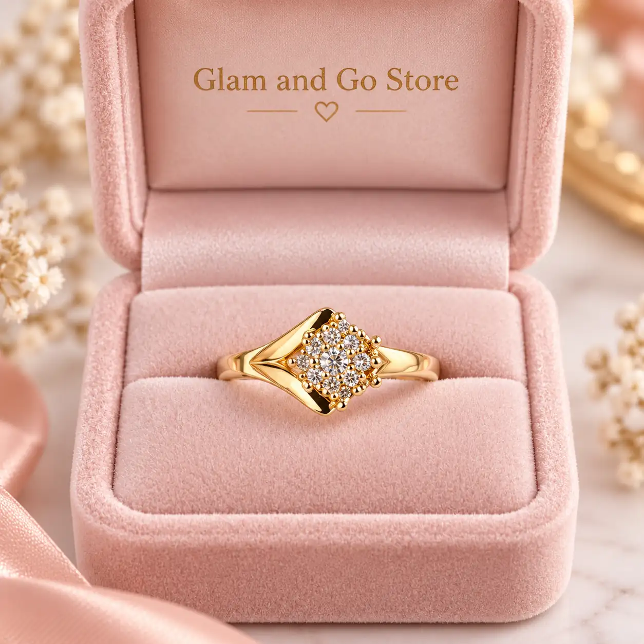 Stainless Steel Gold Diamond Shape Crystal Cluster Ring for Women