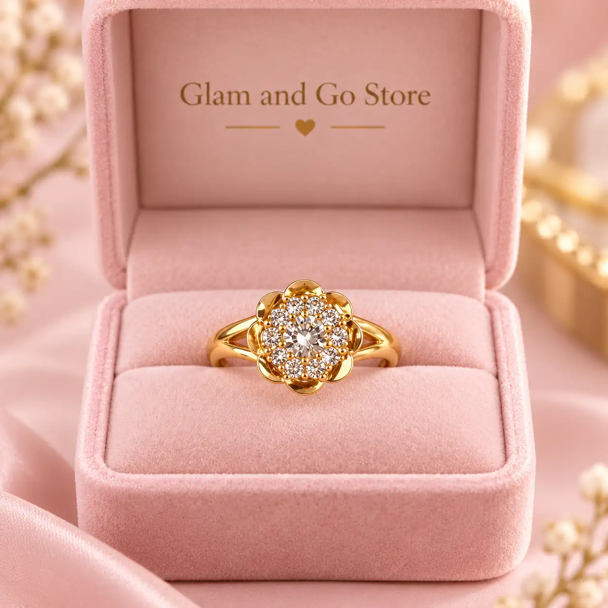 Stainless Steel Gold Round Floral Crystal Cluster Ring for Women