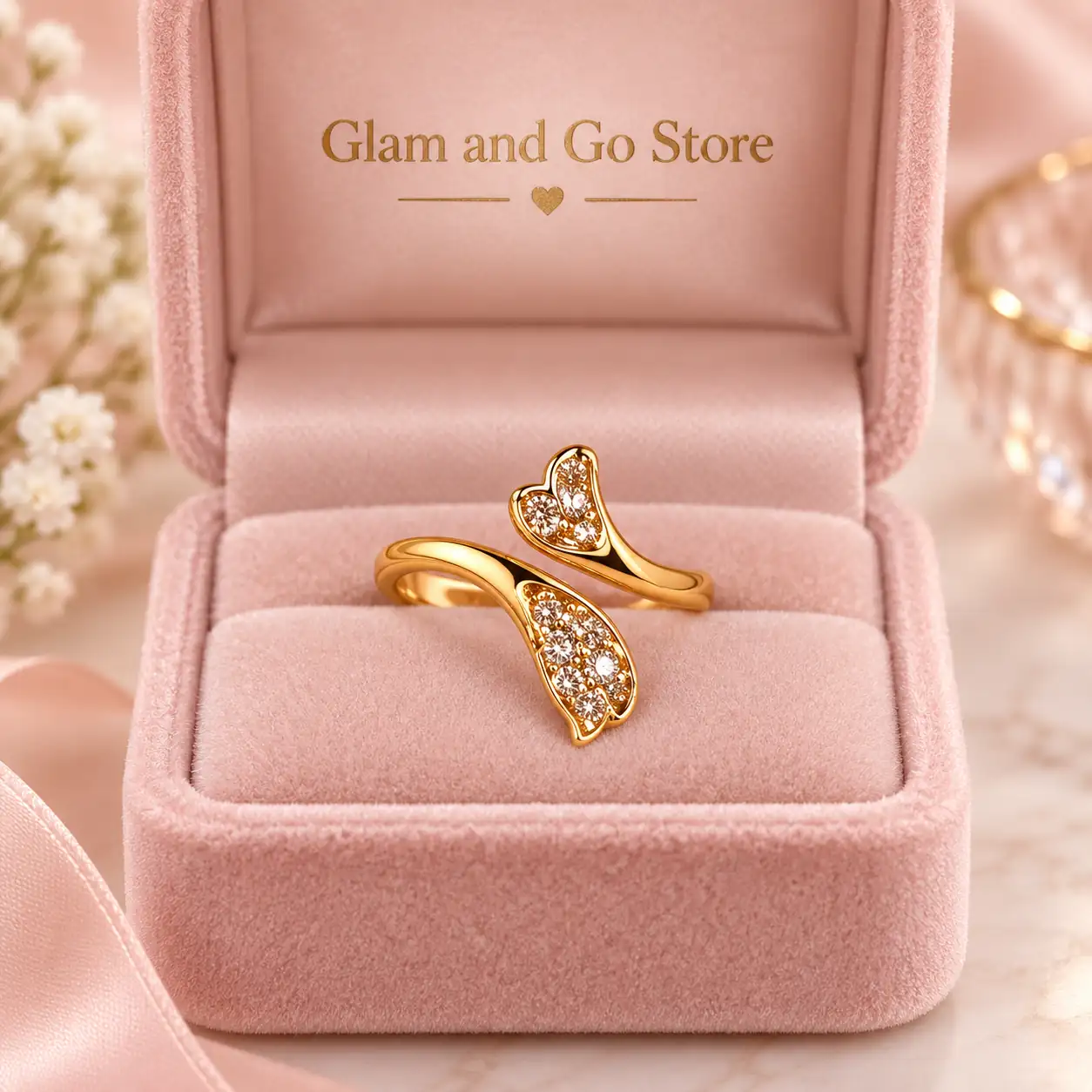 Stainless Steel Gold Heart Leaf Crystal Bypass Ring for Women — image 2