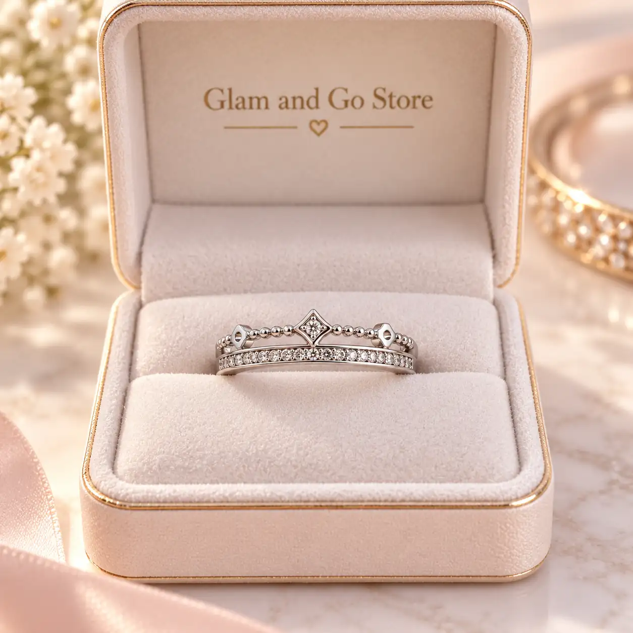 Stainless Steel Silver Crystal Crown Double Band Ring for Women
