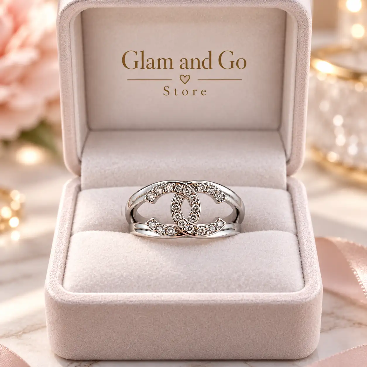 Stainless Steel Silver Interlocking Crystal Statement Ring for Women