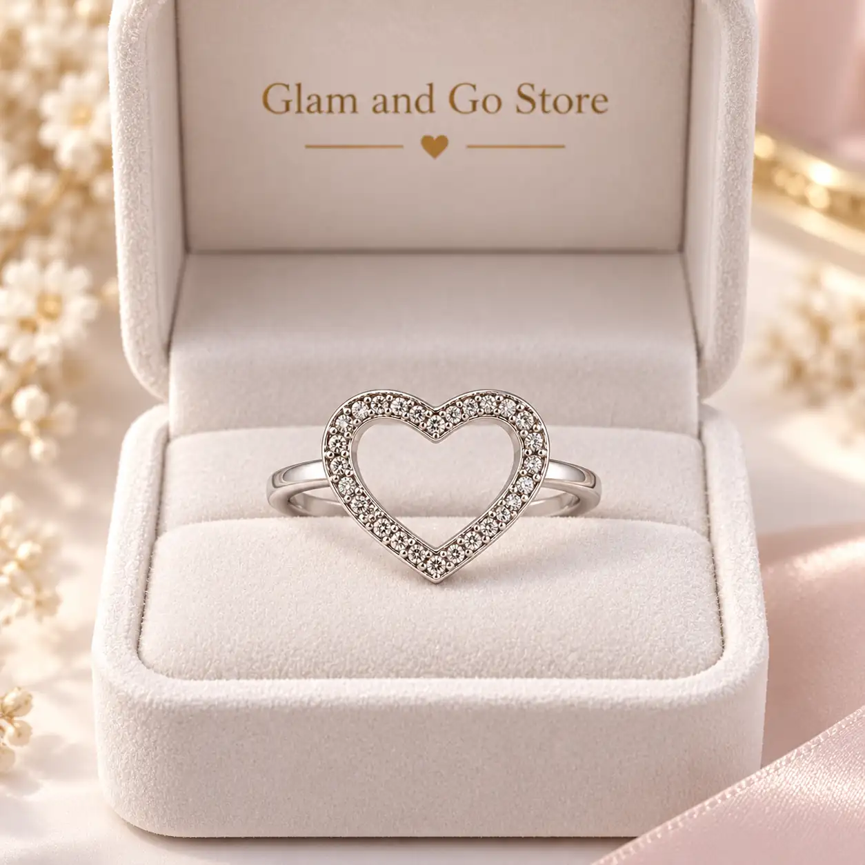 Stainless Steel Silver Open Heart Crystal Ring for Women