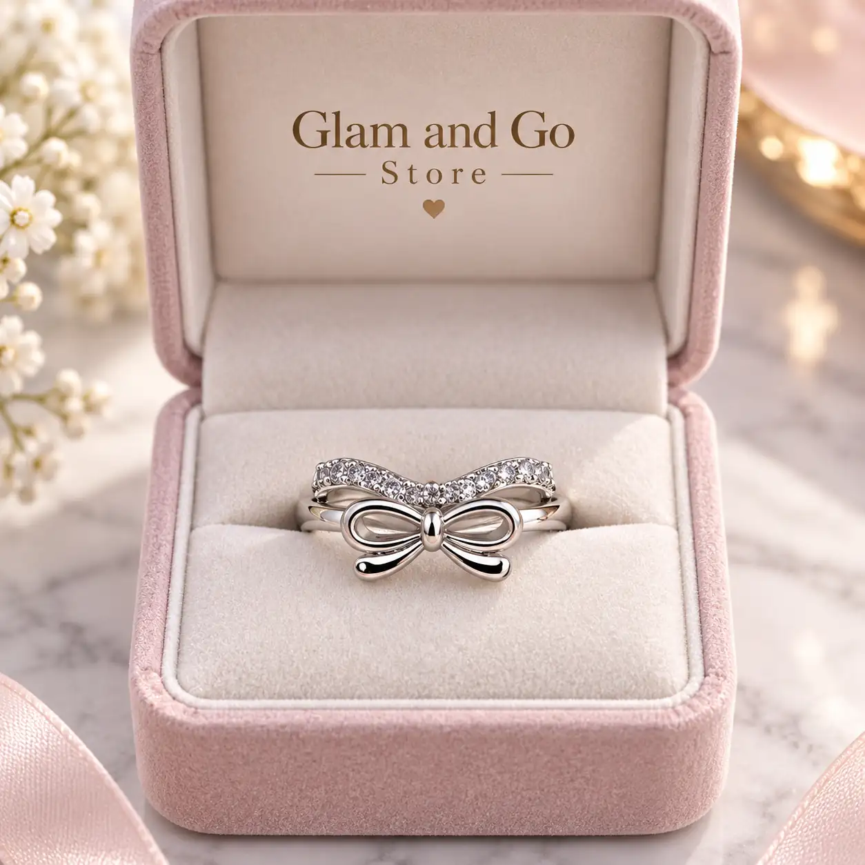 Stainless Steel Silver Bow Crystal Double Band Ring for Women