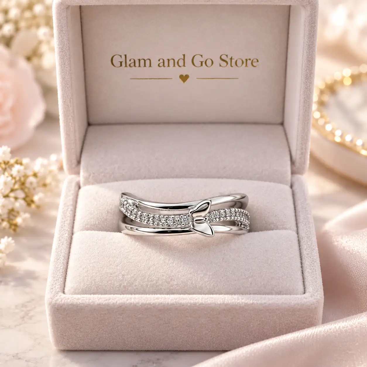 Stainless Steel Silver Butterfly Crystal Layered Ring for Women