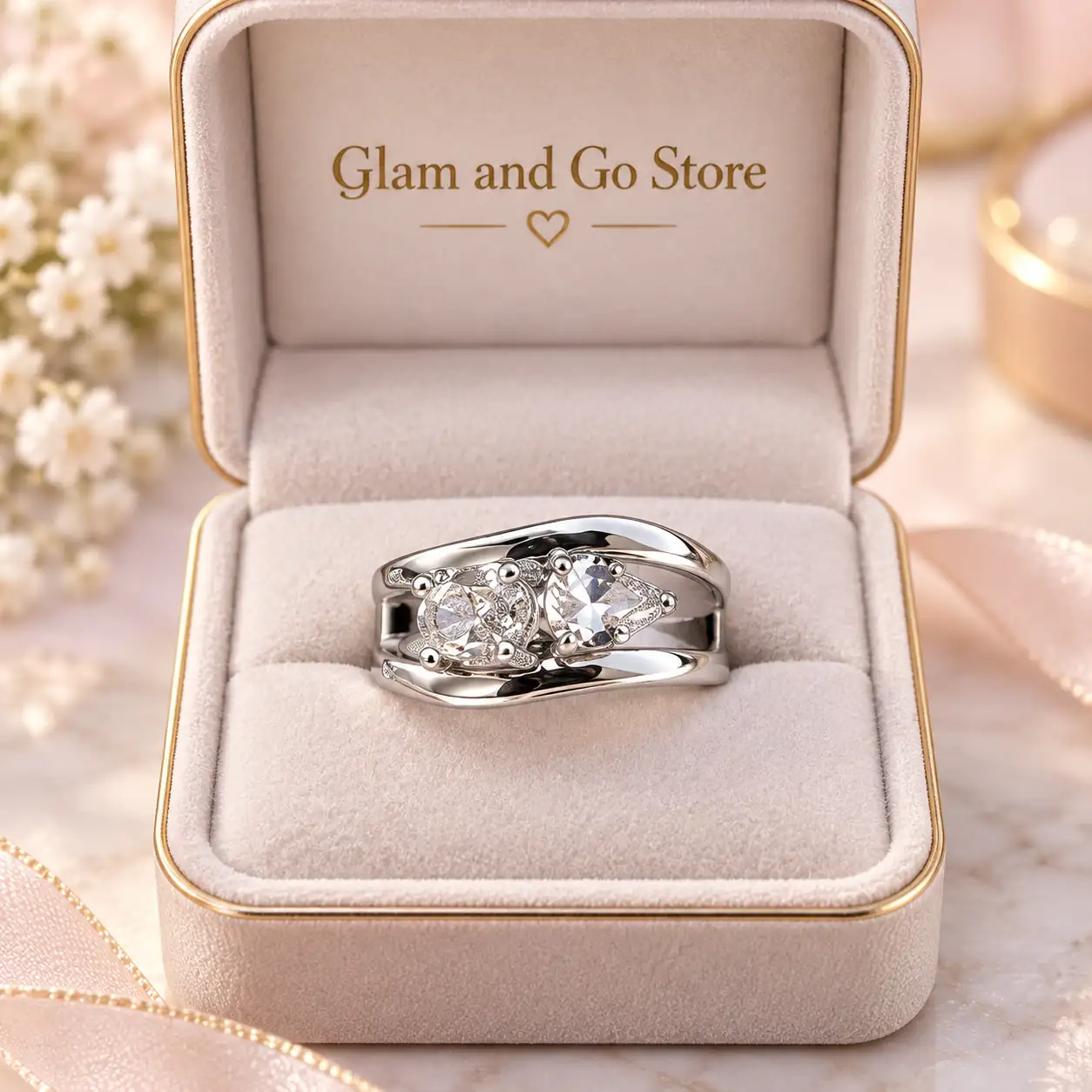 Stainless Steel Silver Double Stone Crystal Statement Ring for Women