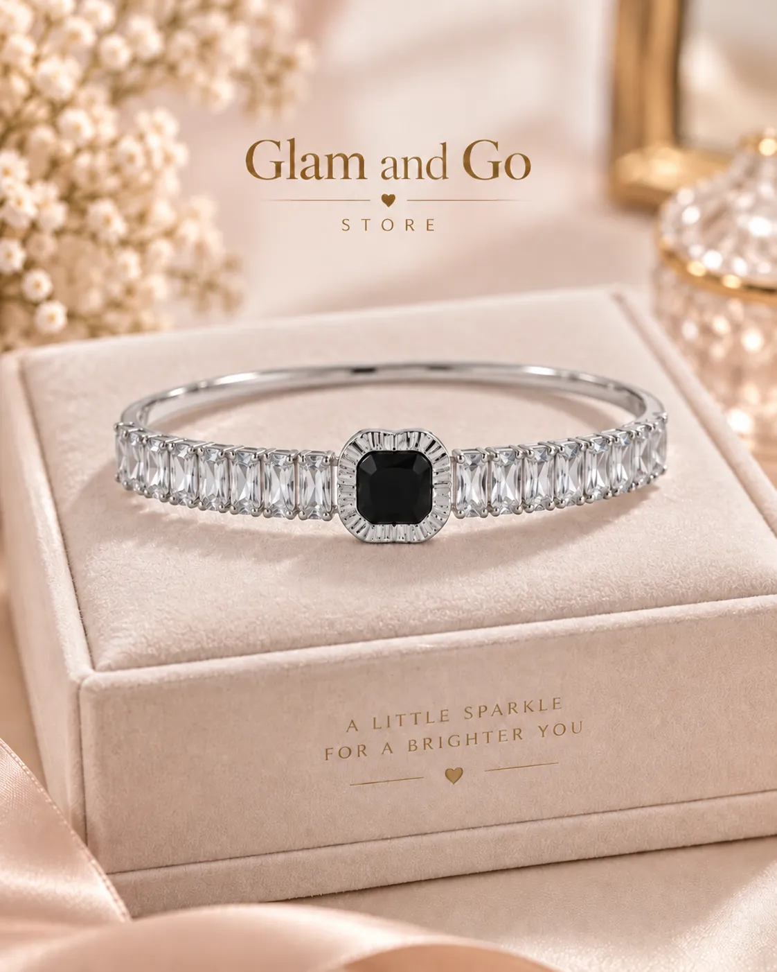 Stainless Steel Black Rounded Square Crystal Cuff Bracelet for Women