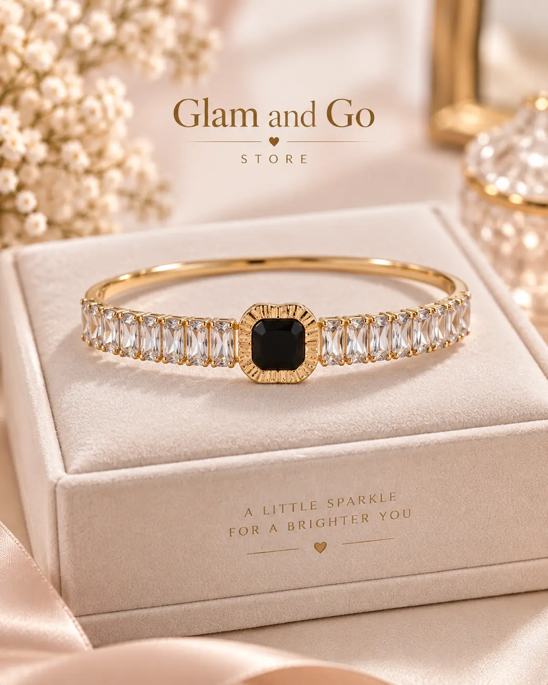 Stainless Steel Black Rounded Square Crystal Cuff Bracelet for Women — image 2