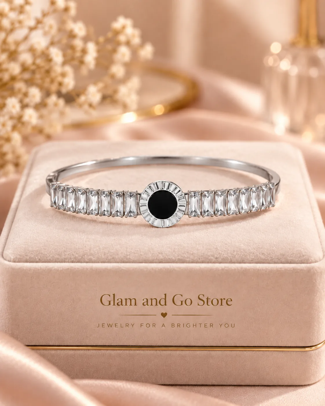 Stainless Steel Black Round Centre Crystal Cuff Bracelet for Women