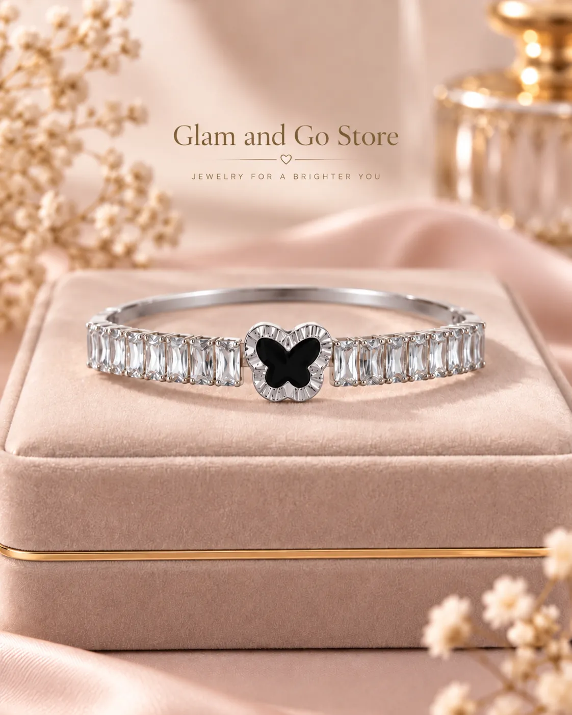 Stainless Steel Black Butterfly Crystal Cuff Bracelet for Women