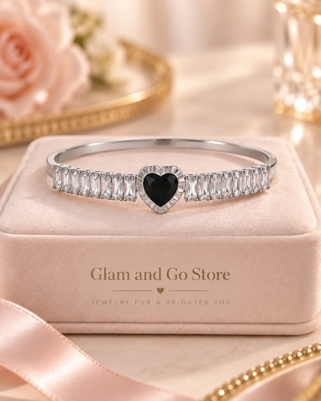 Stainless Steel Black Heart Crystal Cuff Bracelet for Women