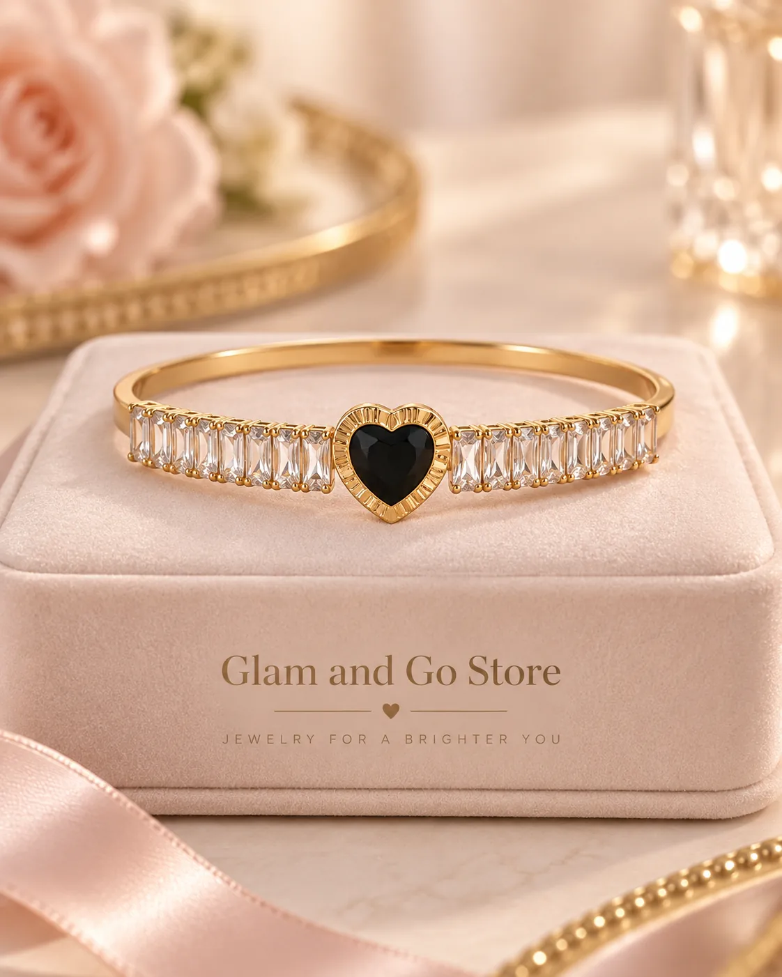 Stainless Steel Black Heart Crystal Cuff Bracelet for Women — image 2