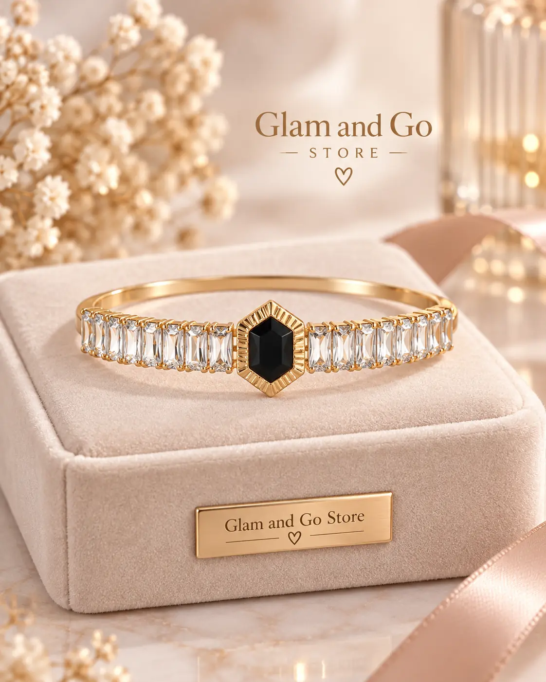 Stainless Steel Black Hexagon Crystal Cuff Bracelet for Women