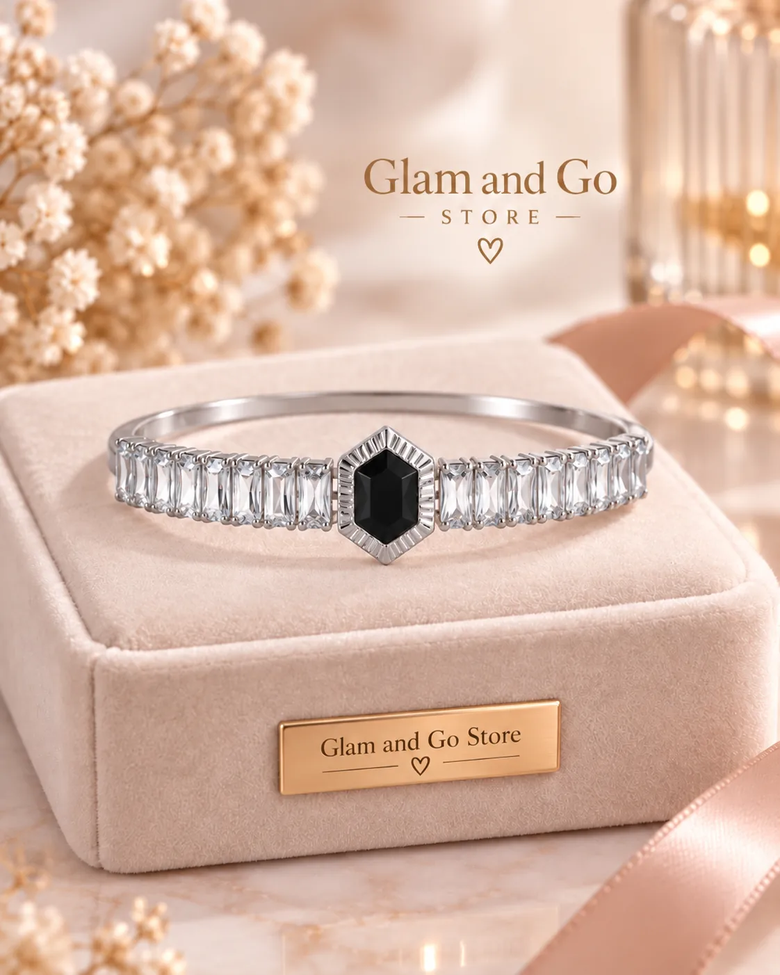 Stainless Steel Black Hexagon Crystal Cuff Bracelet for Women — image 2