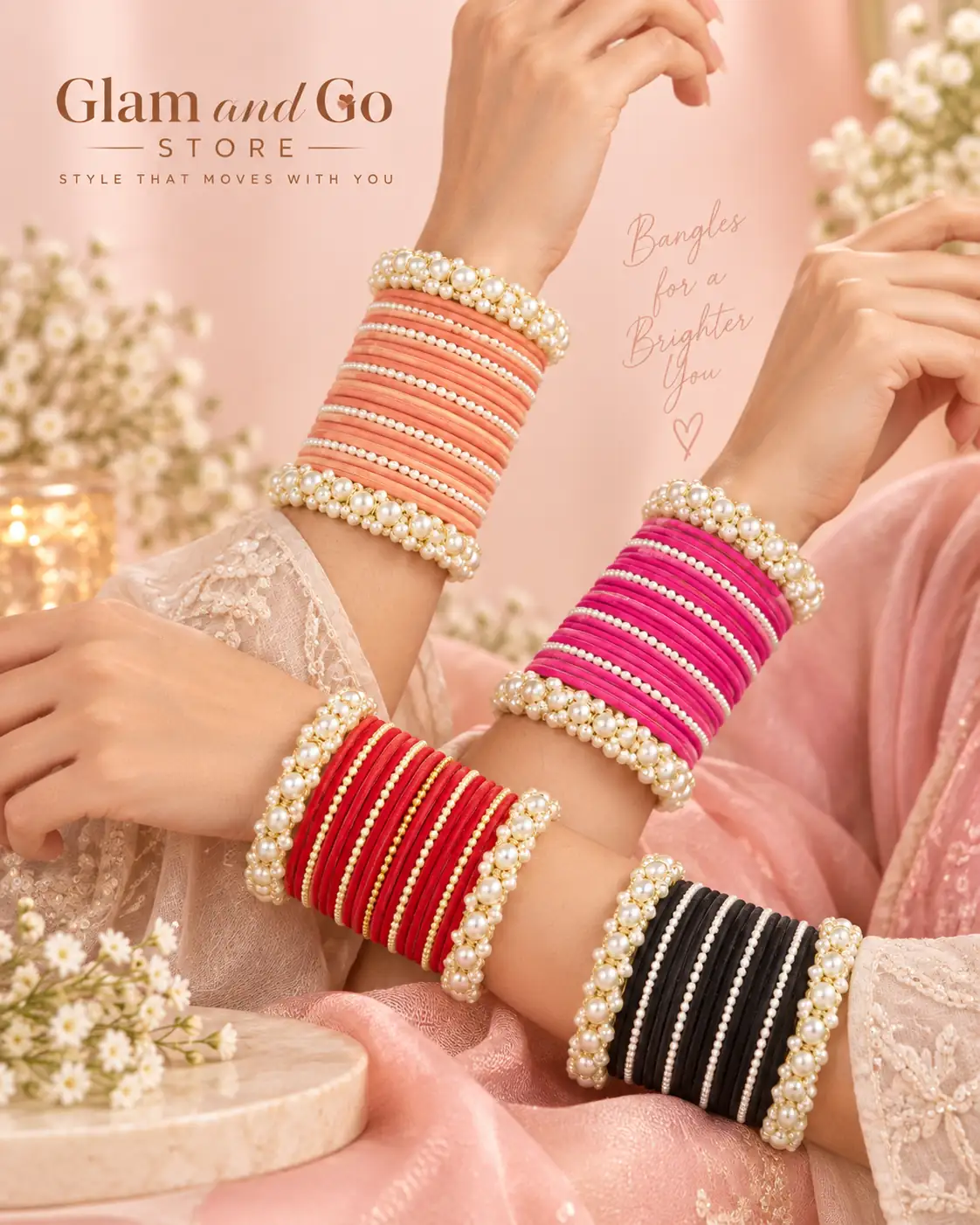 Pearl Embellished Traditional Bangle Set for Women- Multi colours