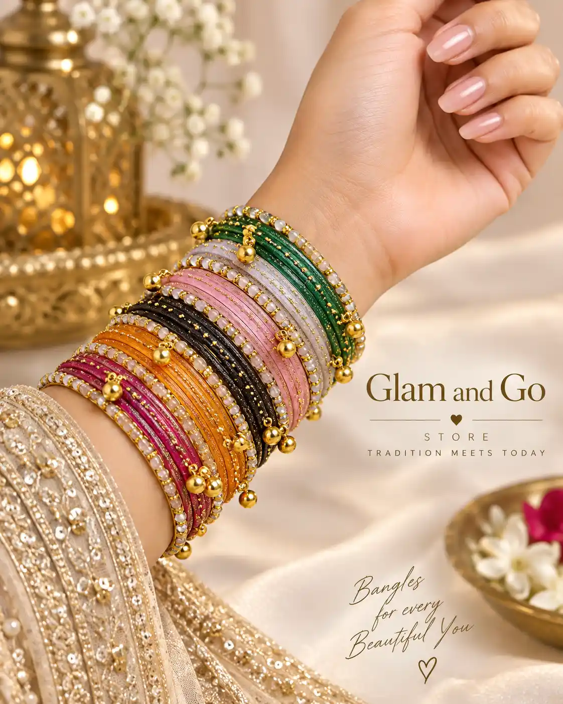 Glitter Beaded Traditional Bangle Set with Gold Charm Details - Multi colours