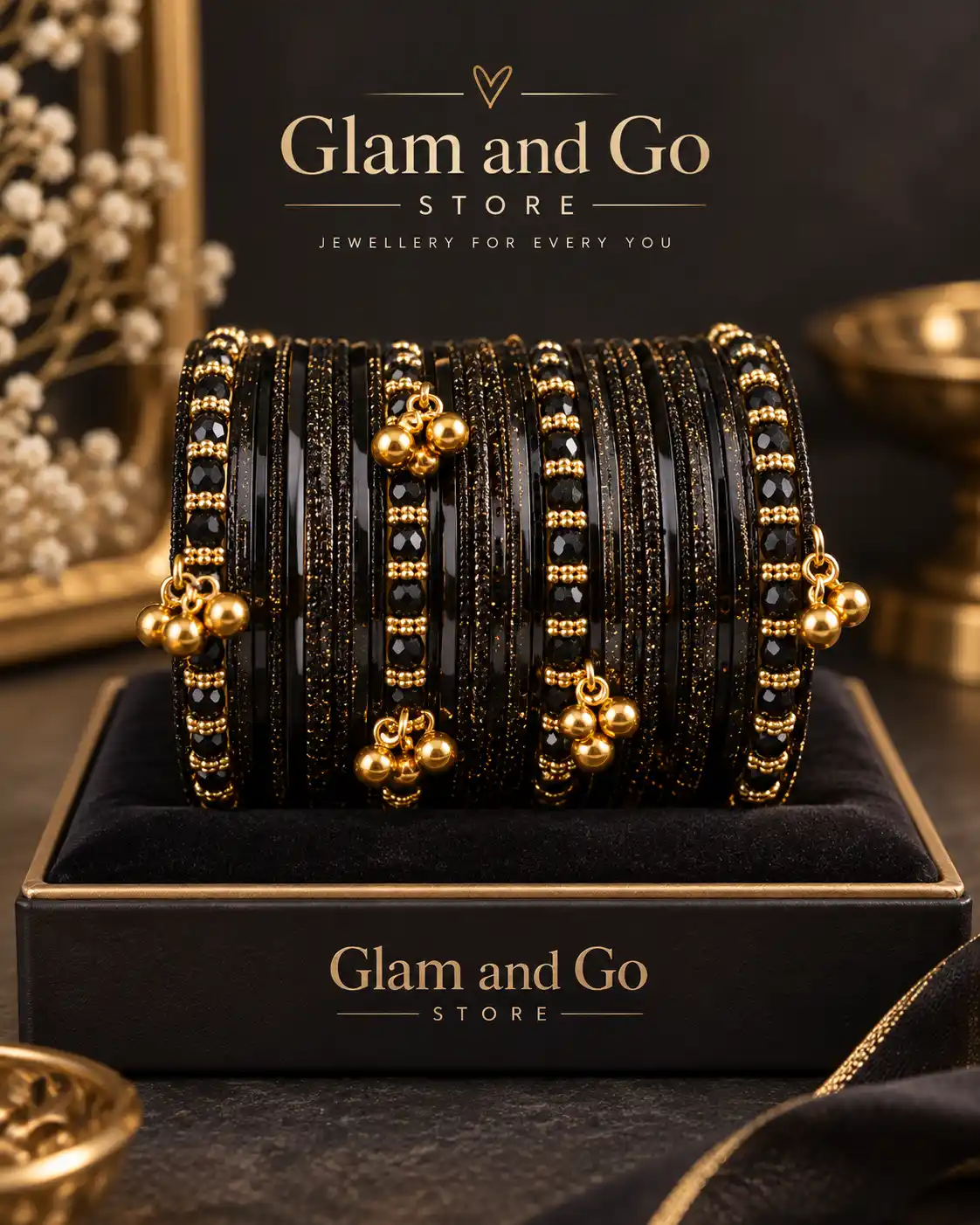 Glitter Beaded Traditional Bangle Set with Gold Charm Details - Multi colours — image 2
