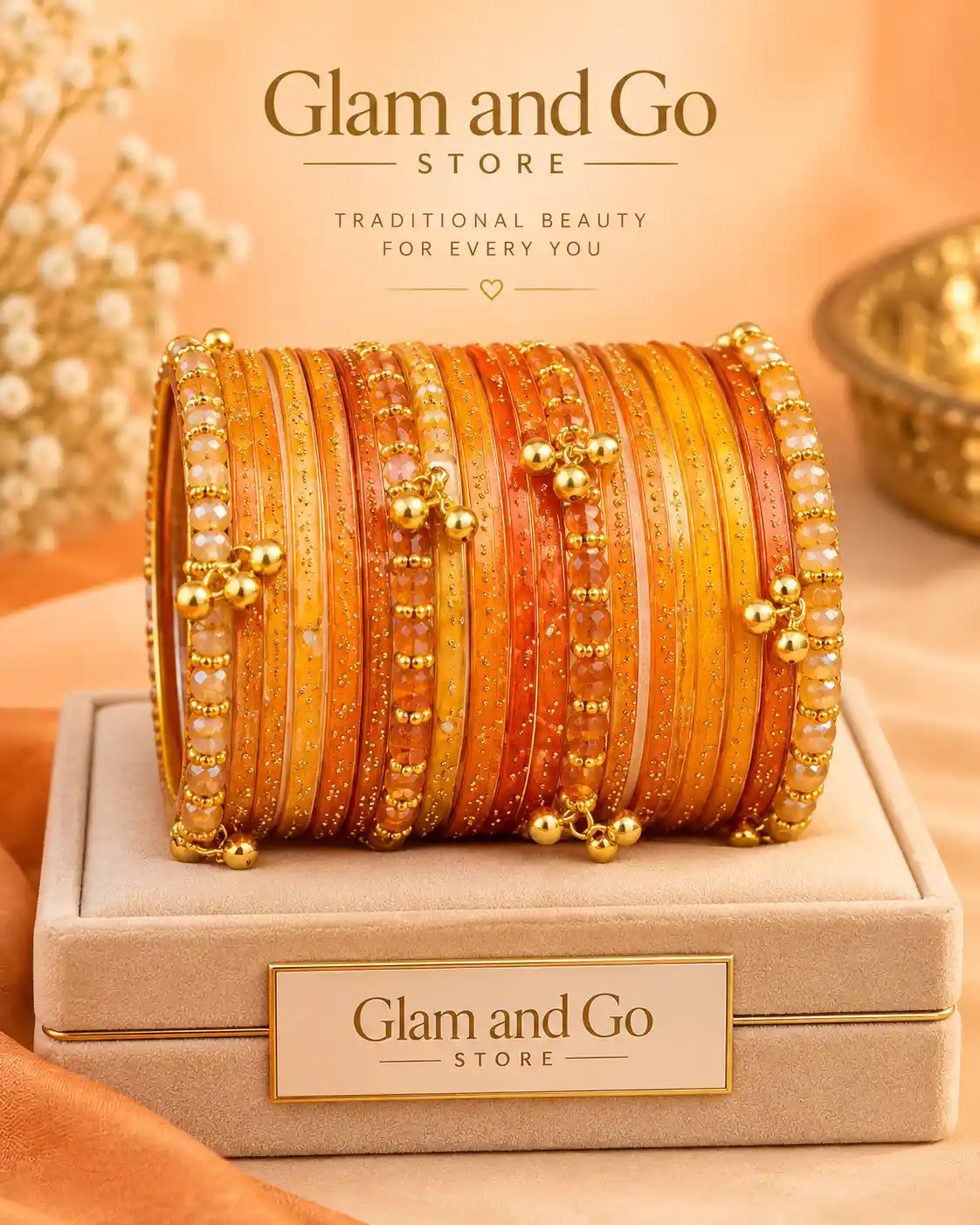 Glitter Beaded Traditional Bangle Set with Gold Charm Details - Multi colours — image 3