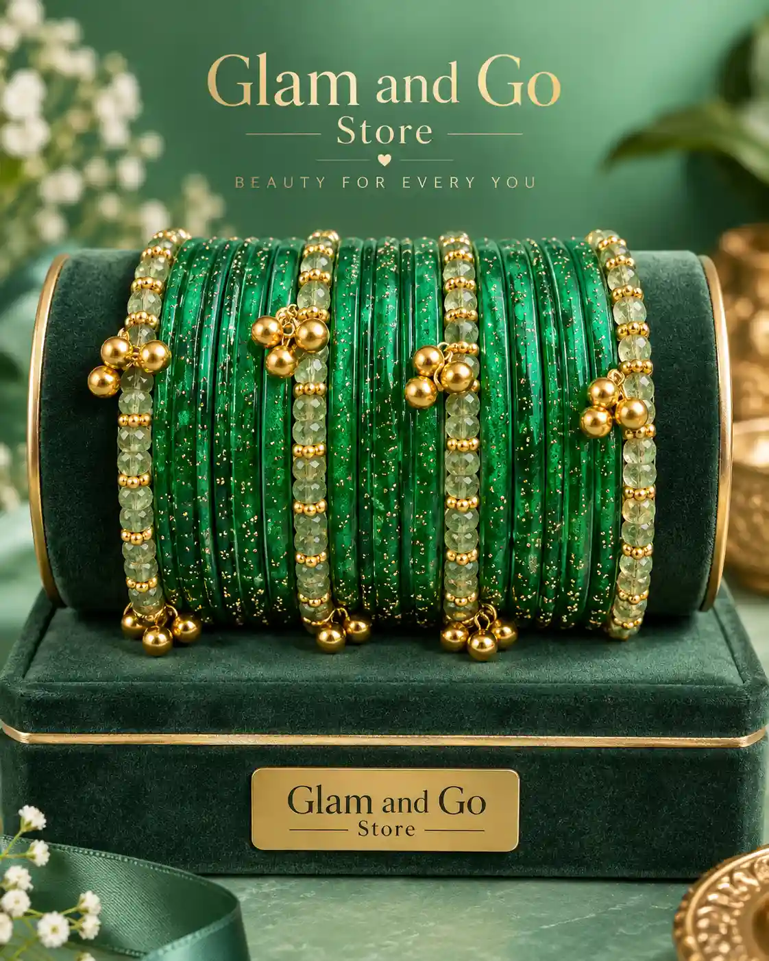 Glitter Beaded Traditional Bangle Set with Gold Charm Details - Multi colours — image 4