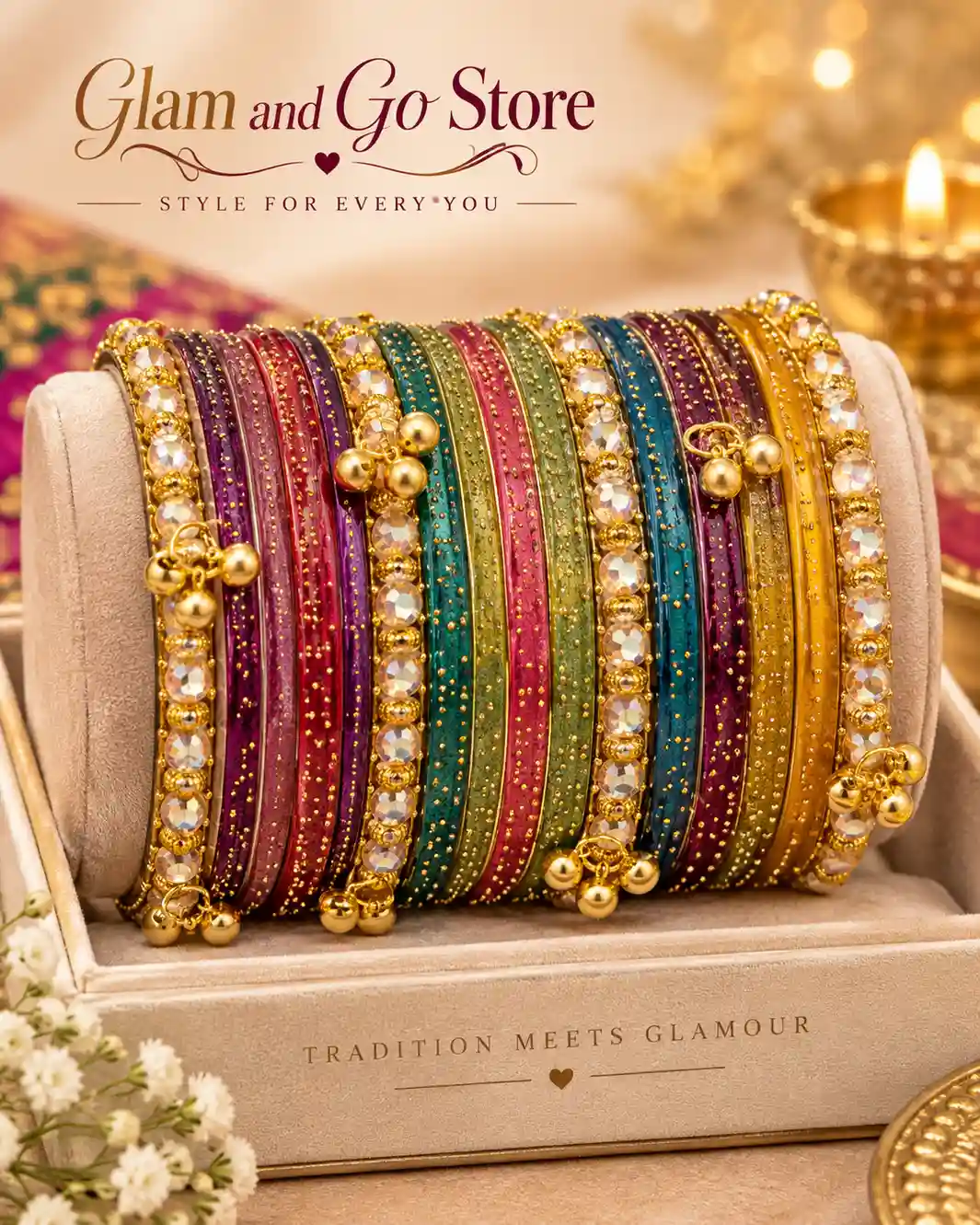 Glitter Beaded Traditional Bangle Set with Gold Charm Details - Multi colours — image 5