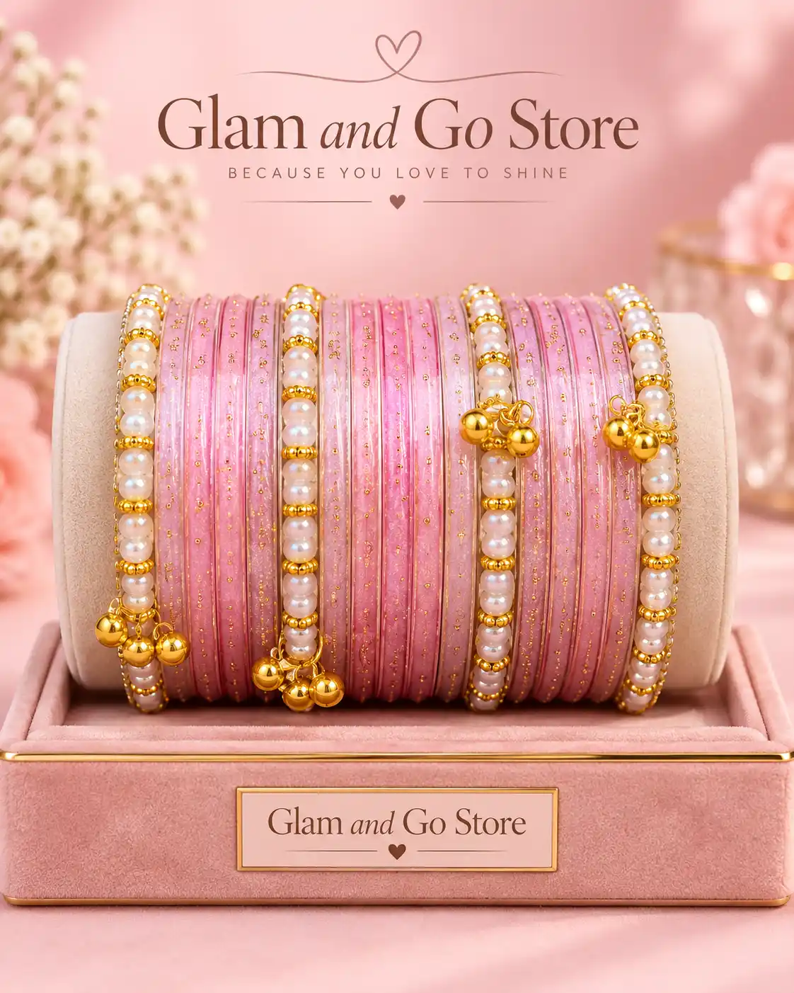 Glitter Beaded Traditional Bangle Set with Gold Charm Details - Multi colours — image 6