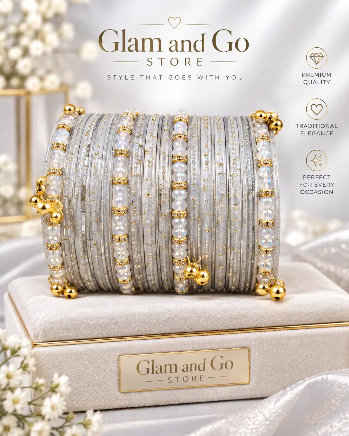 Glitter Beaded Traditional Bangle Set with Gold Charm Details - Multi colours — image 7