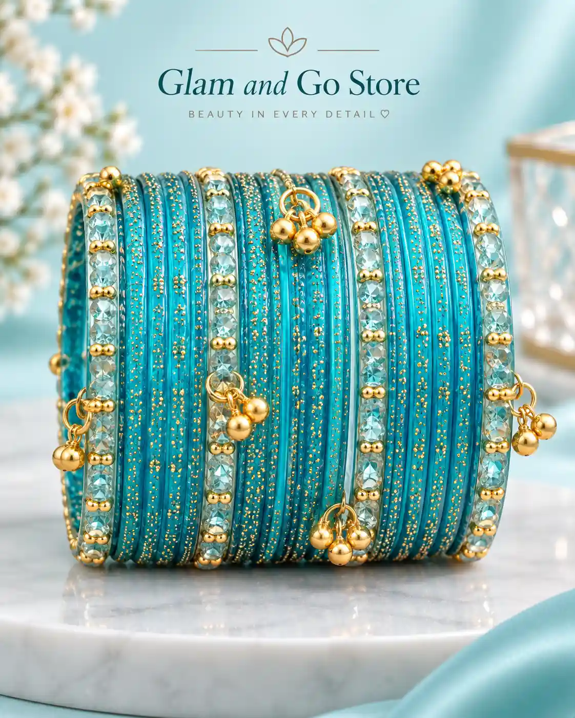 Glitter Crystal Traditional Bangle Set with Gold Charm Details- Multi colours — image 2