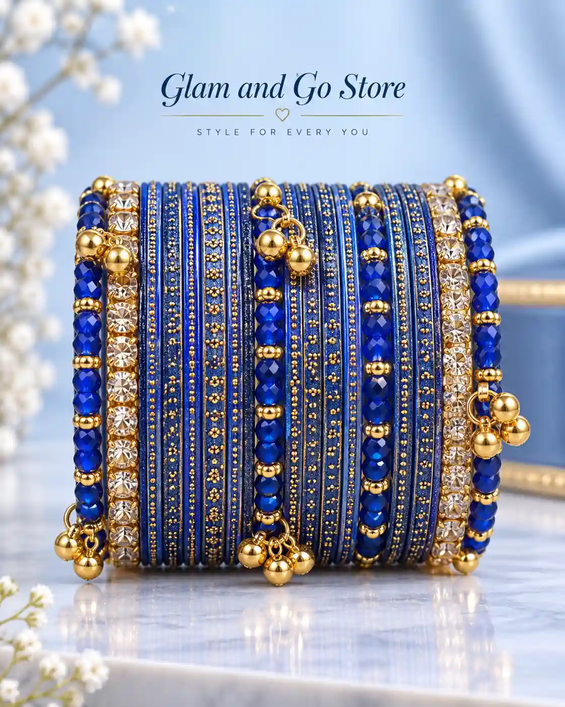 Glitter Crystal Traditional Bangle Set with Gold Charm Details- Multi colours — image 3