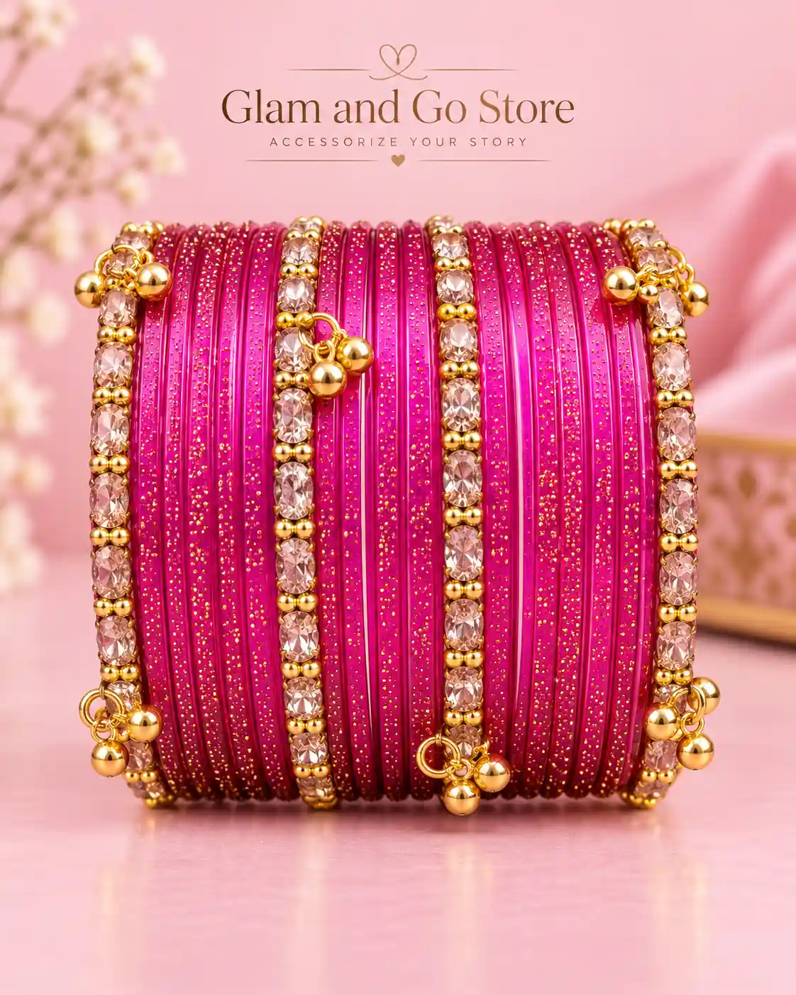 Glitter Crystal Traditional Bangle Set with Gold Charm Details- Multi colours — image 4