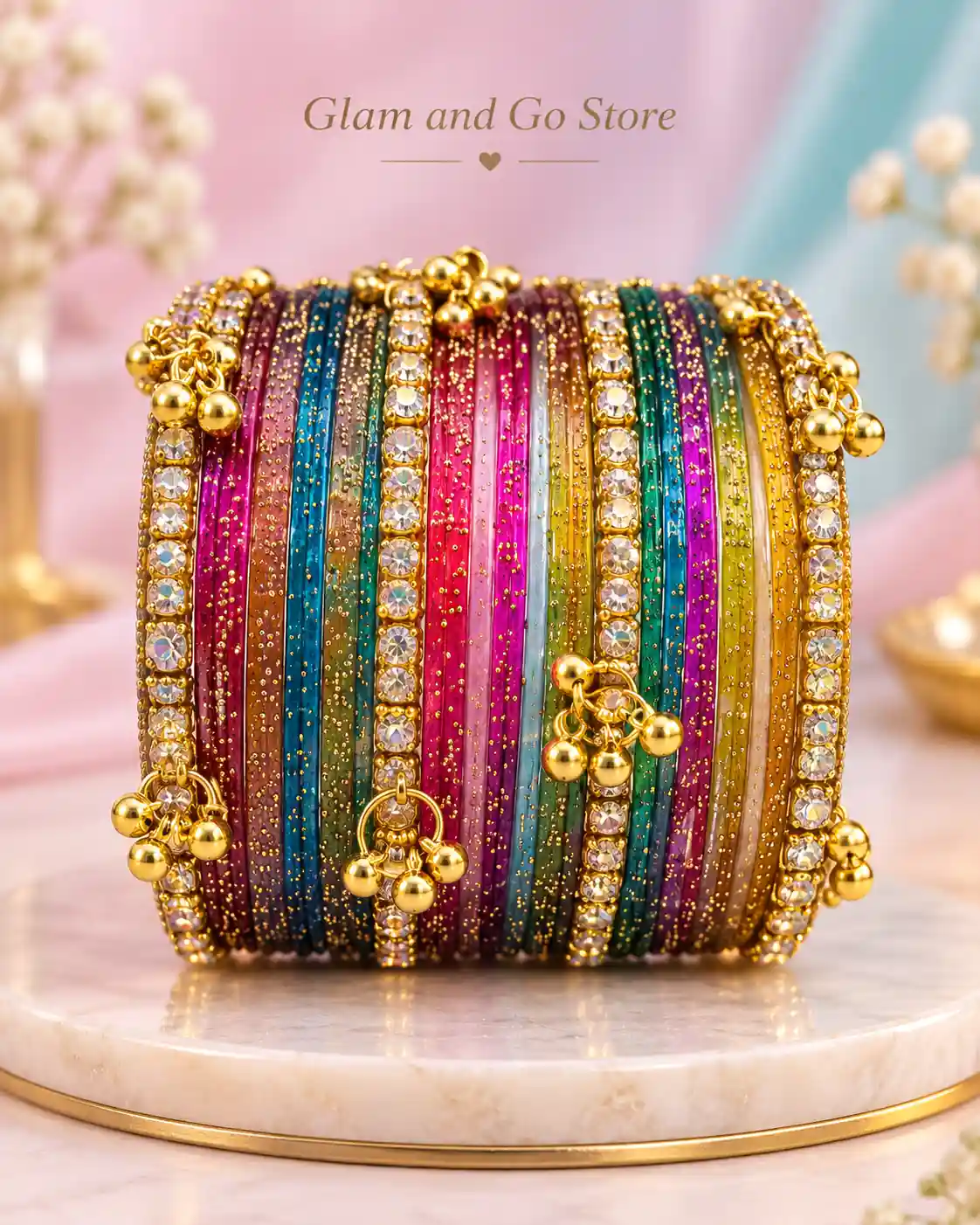 Glitter Crystal Traditional Bangle Set with Gold Charm Details- Multi colours — image 5