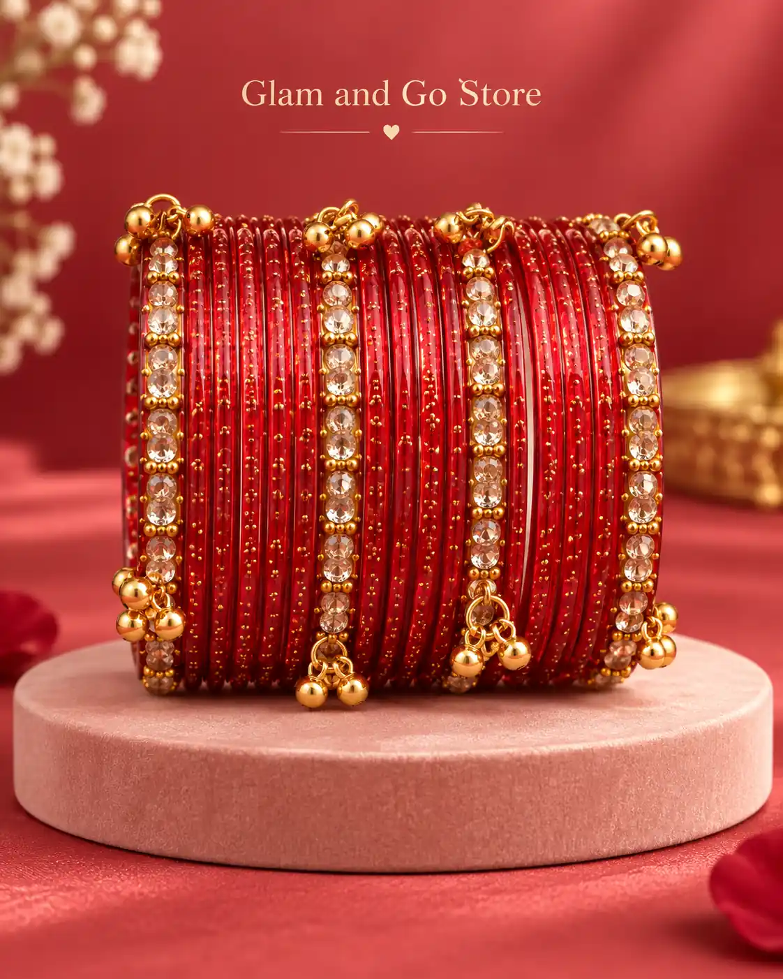 Glitter Crystal Traditional Bangle Set with Gold Charm Details- Multi colours — image 6