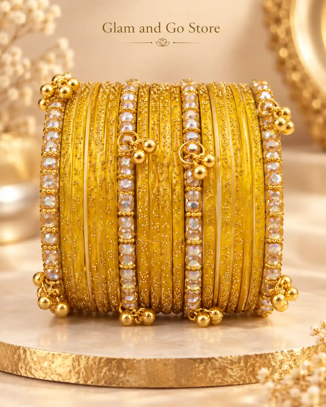 Glitter Crystal Traditional Bangle Set with Gold Charm Details- Multi colours — image 7
