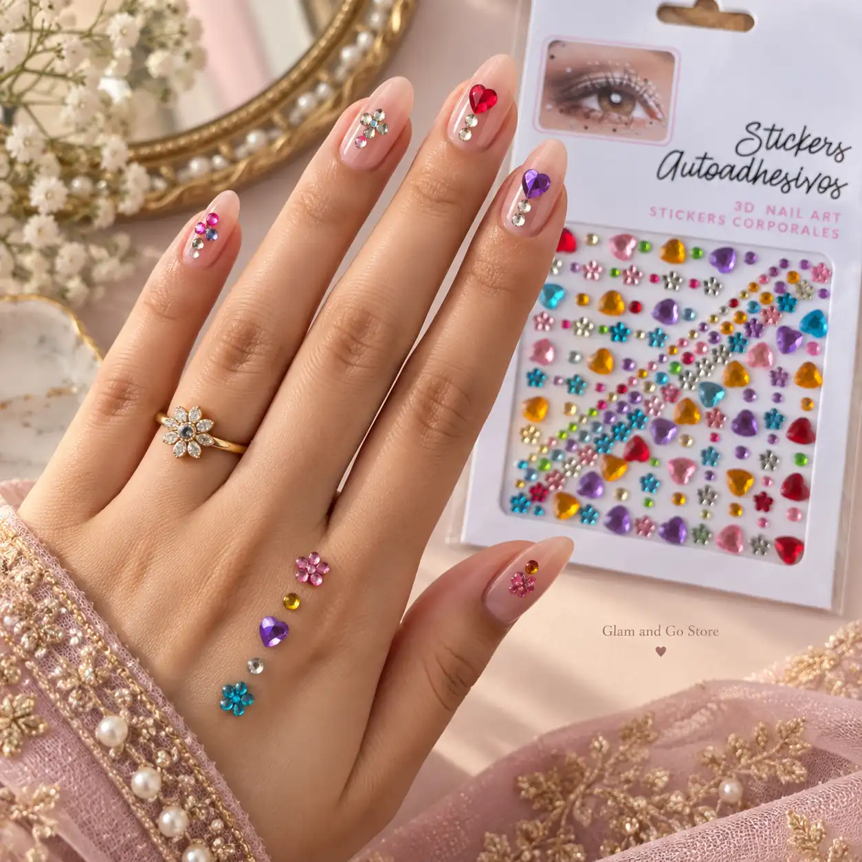 3D Multicolour Rhinestone Heart & Flower Nail / Body Sticker Sheet