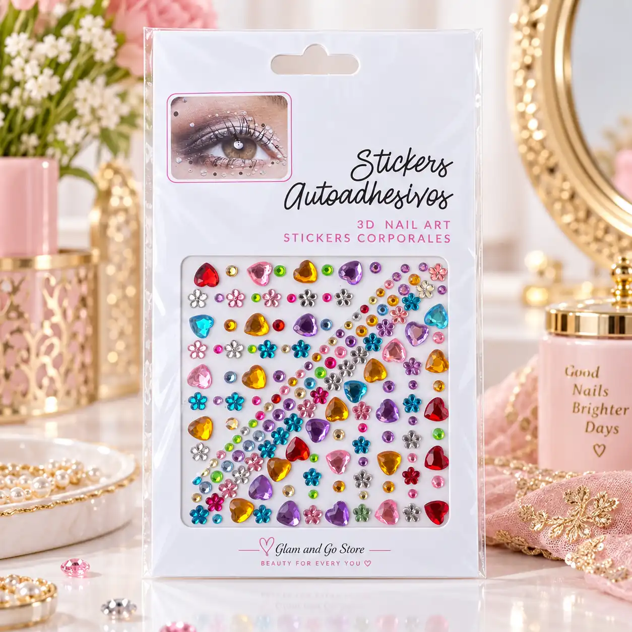 3D Multicolour Rhinestone Heart & Flower Nail / Body Sticker Sheet — image 3