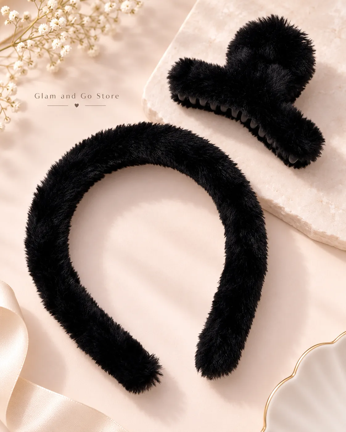 Fluffy Plush Headband & Hair Claw Clip Set – Multi Colours — image 4