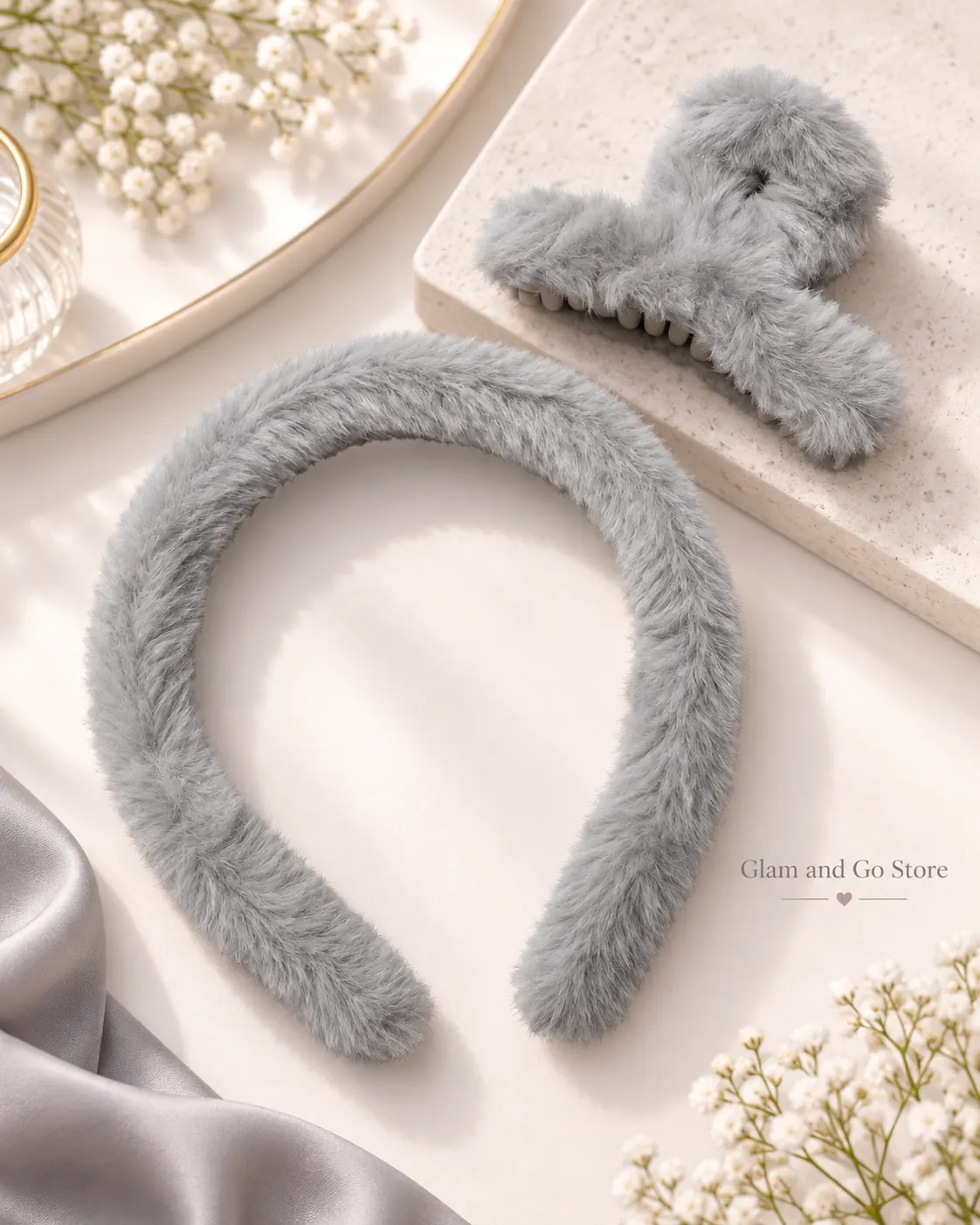 Fluffy Plush Headband & Hair Claw Clip Set – Multi Colours — image 5