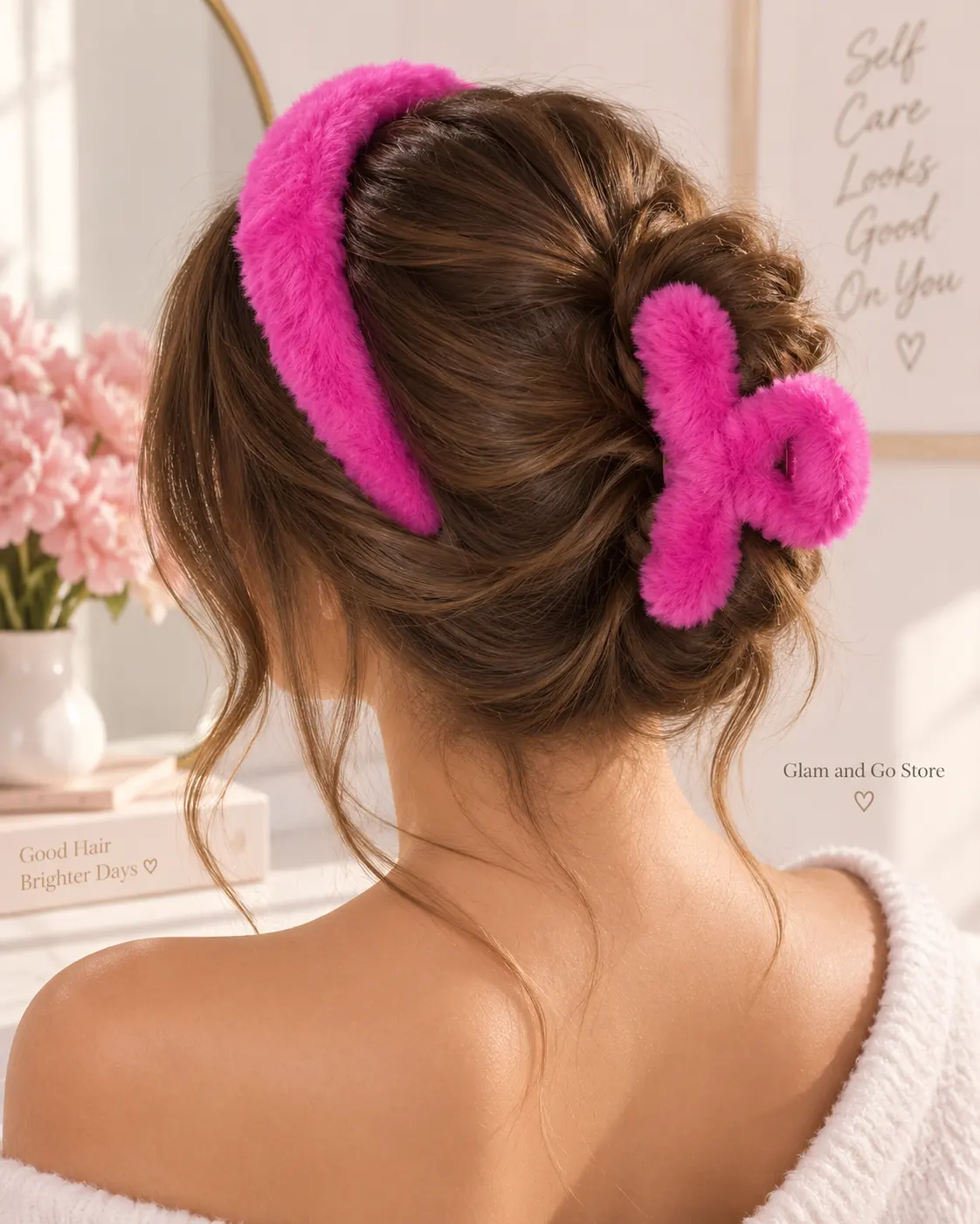 Fluffy Plush Headband & Hair Claw Clip Set – Multi Colours — image 6