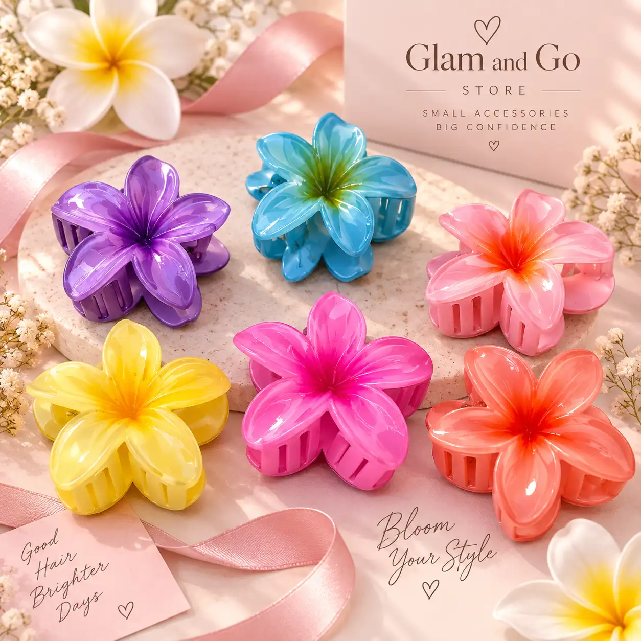 Glossy Plumeria Flower Hair Claw Clip – Multi Colours