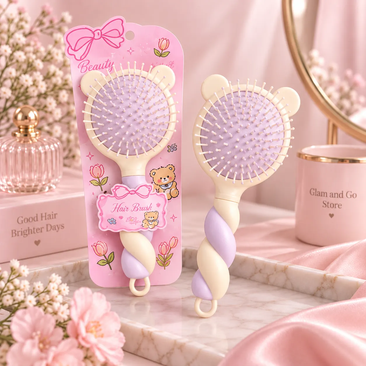 Cute Pastel Bear Ear Detangling Hair Brush – Multi Colours — image 2