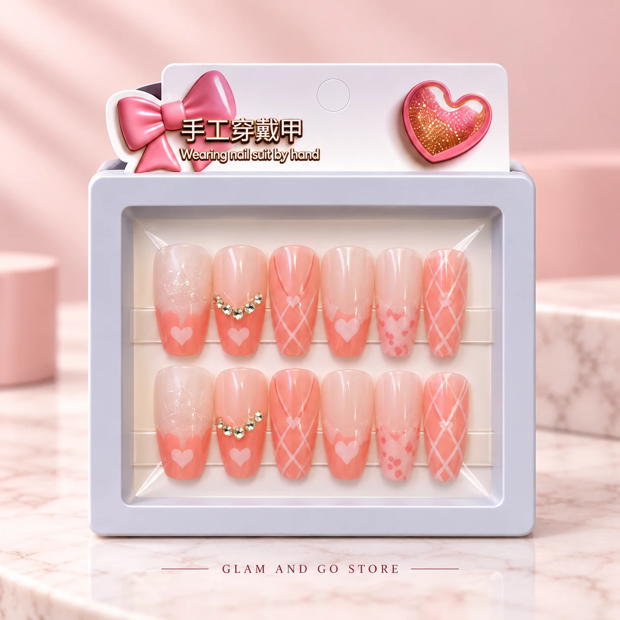 Coral Pink Heart & Lattice Press-On Nails – 12 Pcs