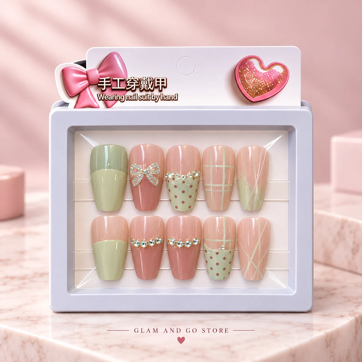 Sage Green & Blush Bow Press-On Nails – 12 Pcs