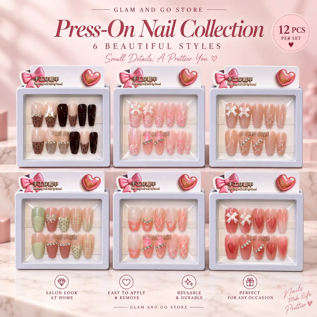 Soft Pink Blossom Rhinestone Press-On Nails – 12 Pcs