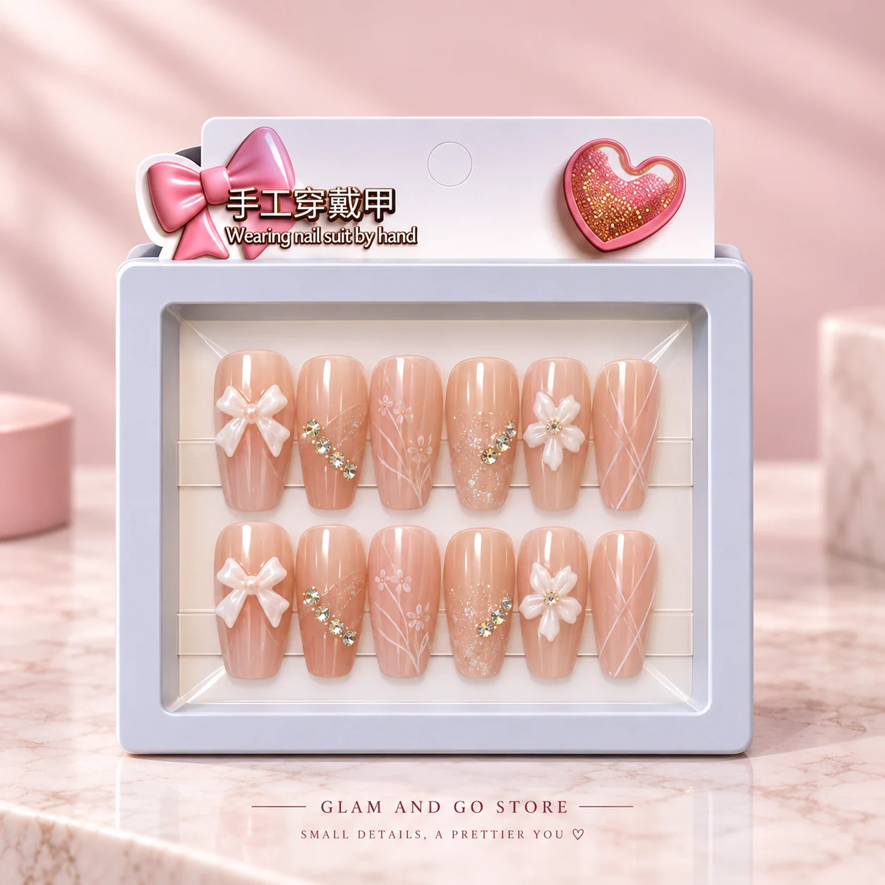 Soft Pink Blossom Rhinestone Press-On Nails – 12 Pcs — image 2