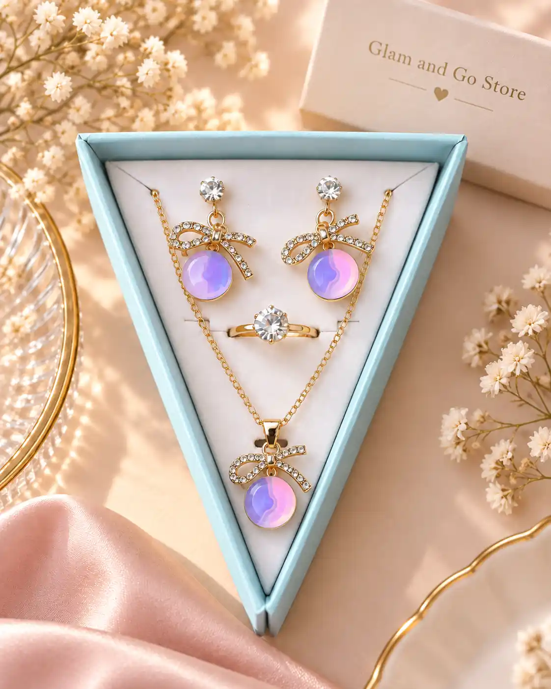 Iridescent Bow Charm Jewellery Set – Necklace, Earrings & Ring — image 2
